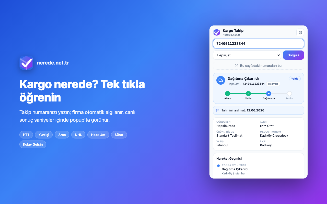 Kargo Takip eklentisi sonuç ekranı: durum, tahmini teslimat ve hareket geçmişi